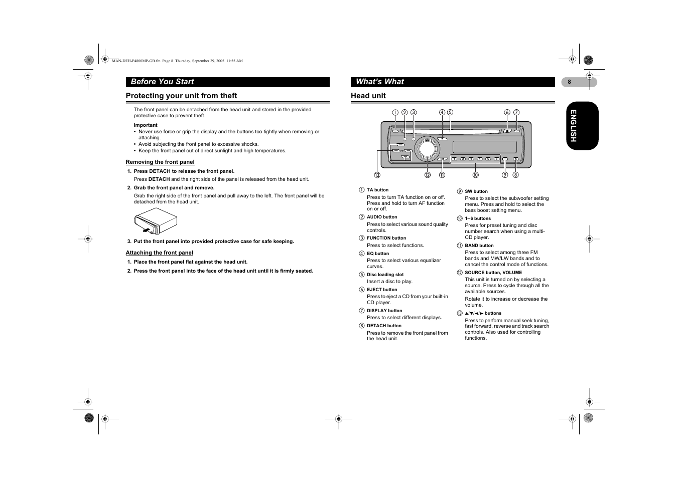 Before you start, What’s what | Pioneer DEH-P4800MP User Manual | Page 8 / 36