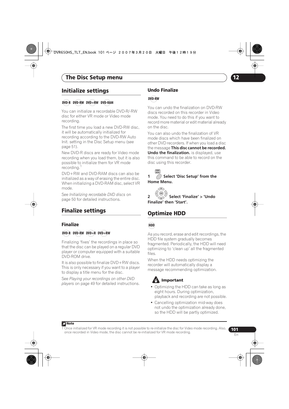 Initialize settings, Finalize settings, Optimize hdd | The disc setup menu | Pioneer DVR-450H-S User Manual | Page 101 / 137