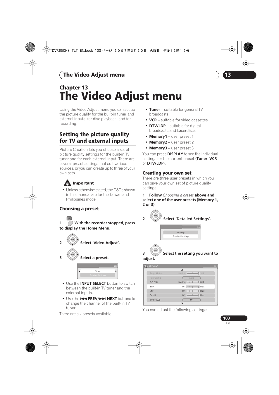 13 the video adjust menu, The video adjust menu, 13 chapter 13 | Setting the picture quality, For tv and external inputs, Choosing a preset, Creating your own set | Pioneer DVR-450H-S User Manual | Page 103 / 137