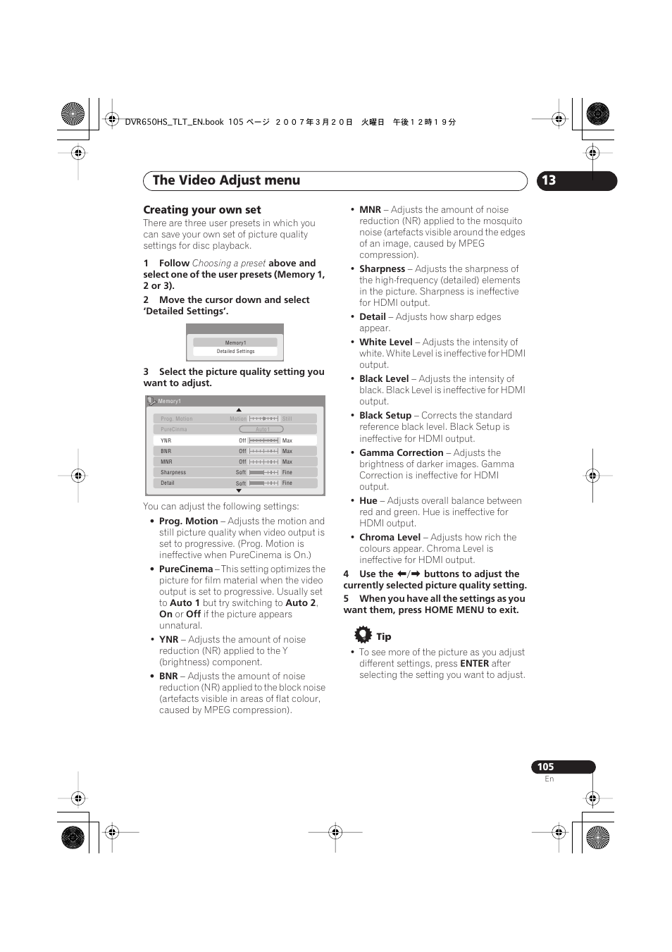 The video adjust menu, Creating your own set | Pioneer DVR-450H-S User Manual | Page 105 / 137