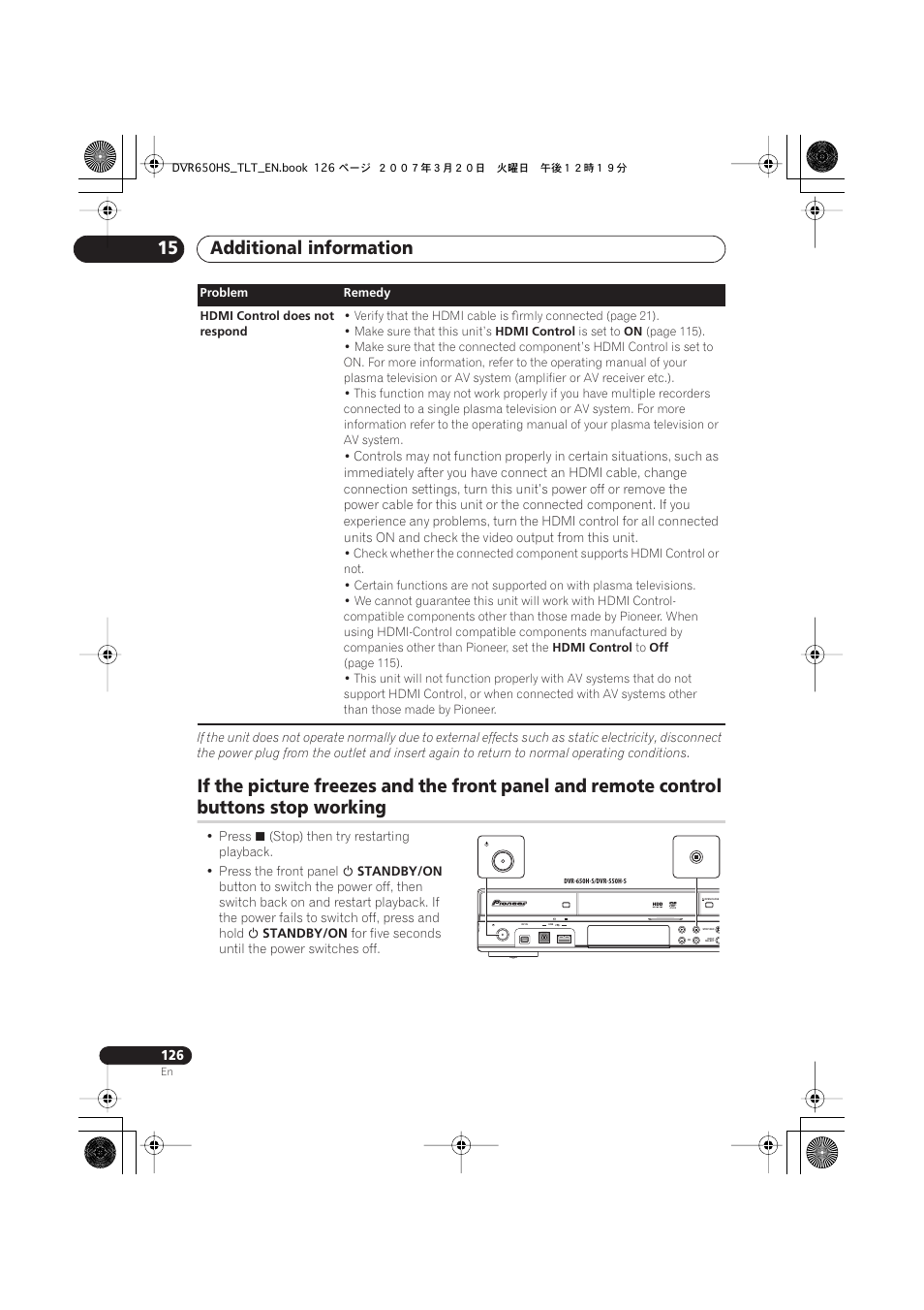 Additional information 15, Buttons stop working | Pioneer DVR-450H-S User Manual | Page 126 / 137