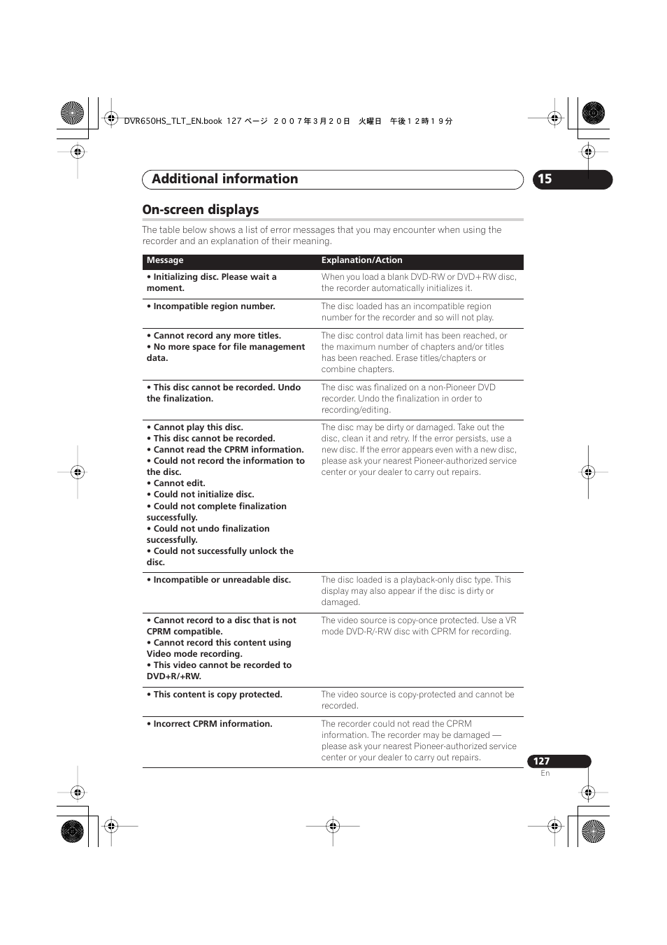 On-screen displays, Additional information | Pioneer DVR-450H-S User Manual | Page 127 / 137