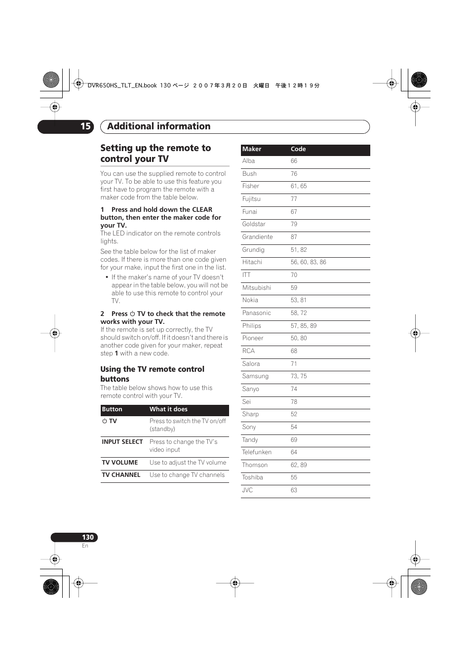 Setting up the remote to control your tv, Additional information 15, Setting up the remote to | Control your tv | Pioneer DVR-450H-S User Manual | Page 130 / 137