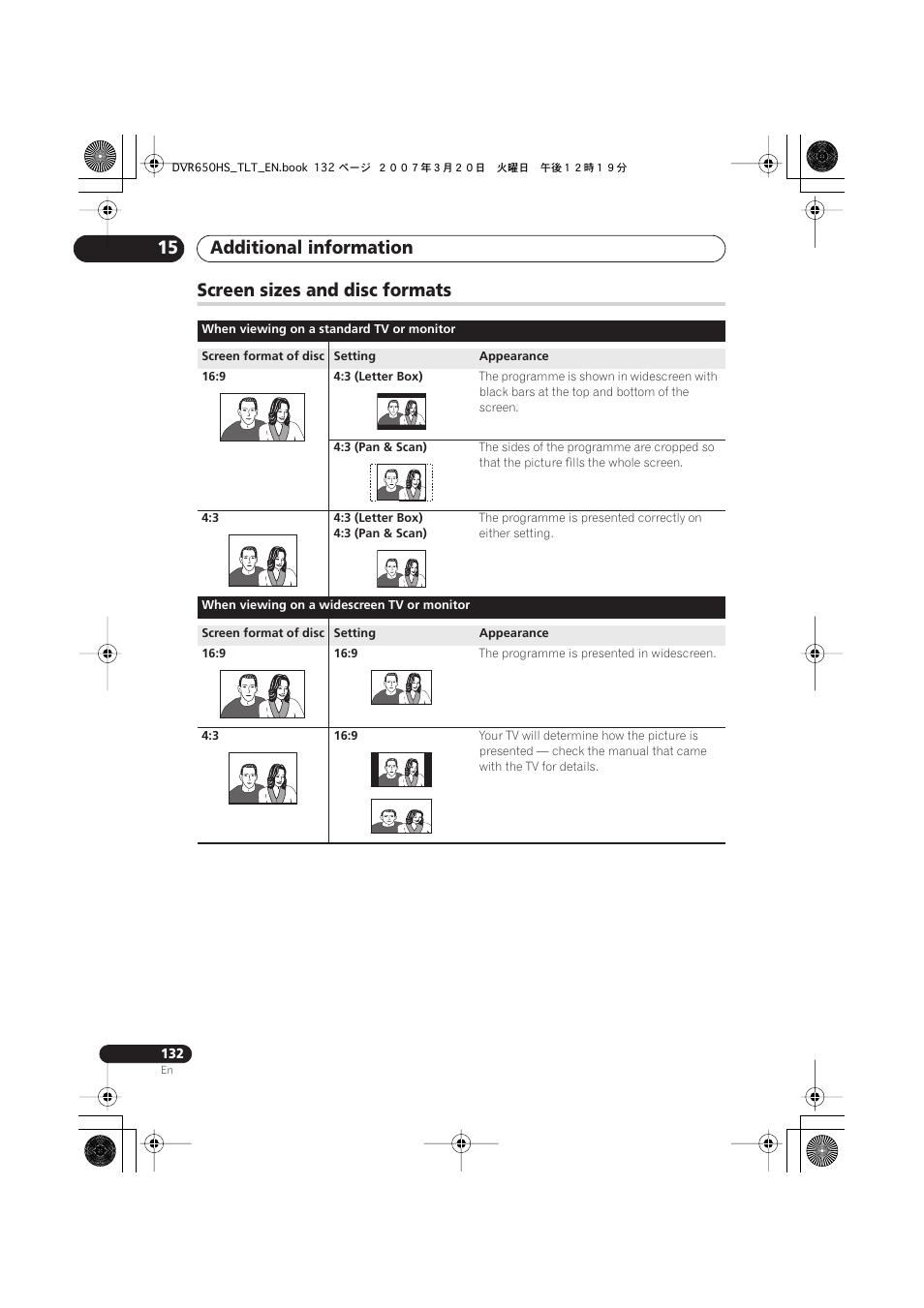 Screen sizes and disc formats, Additional information 15 | Pioneer DVR-450H-S User Manual | Page 132 / 137