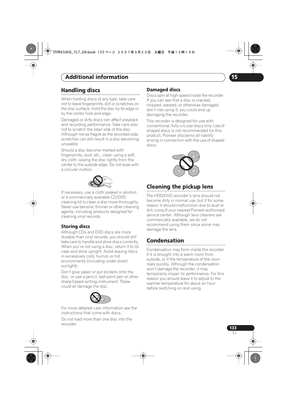 Handling discs, Cleaning the pickup lens, Condensation | Additional information | Pioneer DVR-450H-S User Manual | Page 133 / 137