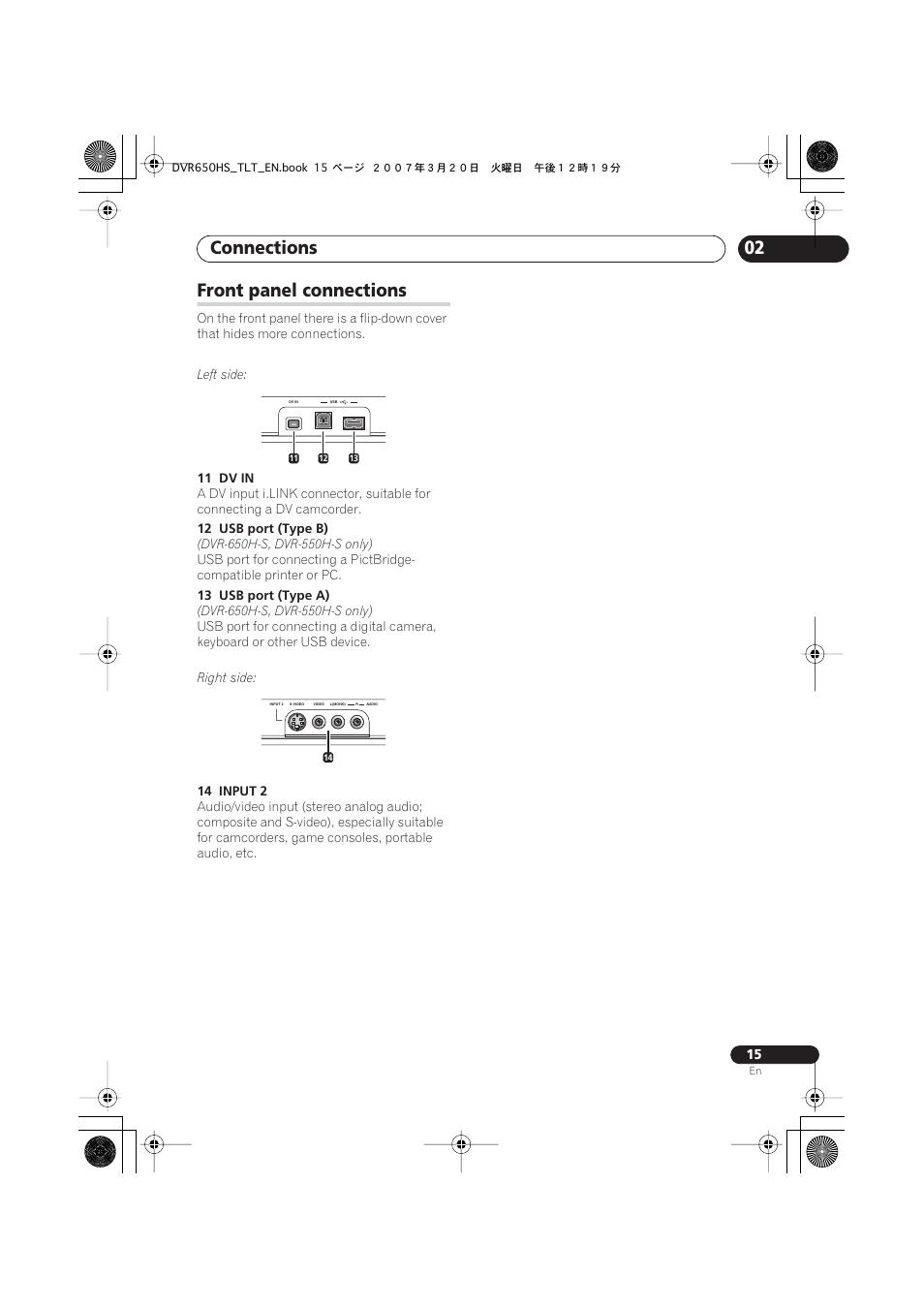 Front panel connections, Connections | Pioneer DVR-450H-S User Manual | Page 15 / 137