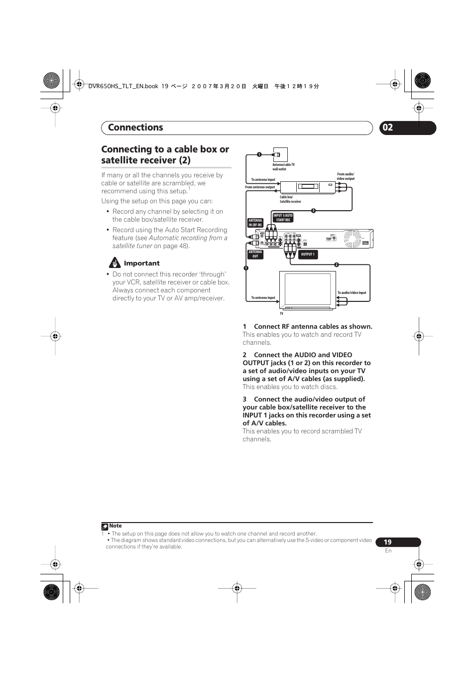 Connections, 02 connecting to a cable box or, Satellite receiver (2) | Coaxial hdmi out | Pioneer DVR-450H-S User Manual | Page 19 / 137