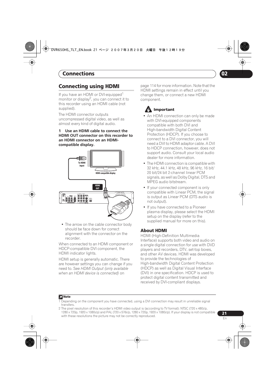 Connecting using hdmi, Connections, About hdmi | Coaxial | Pioneer DVR-450H-S User Manual | Page 21 / 137