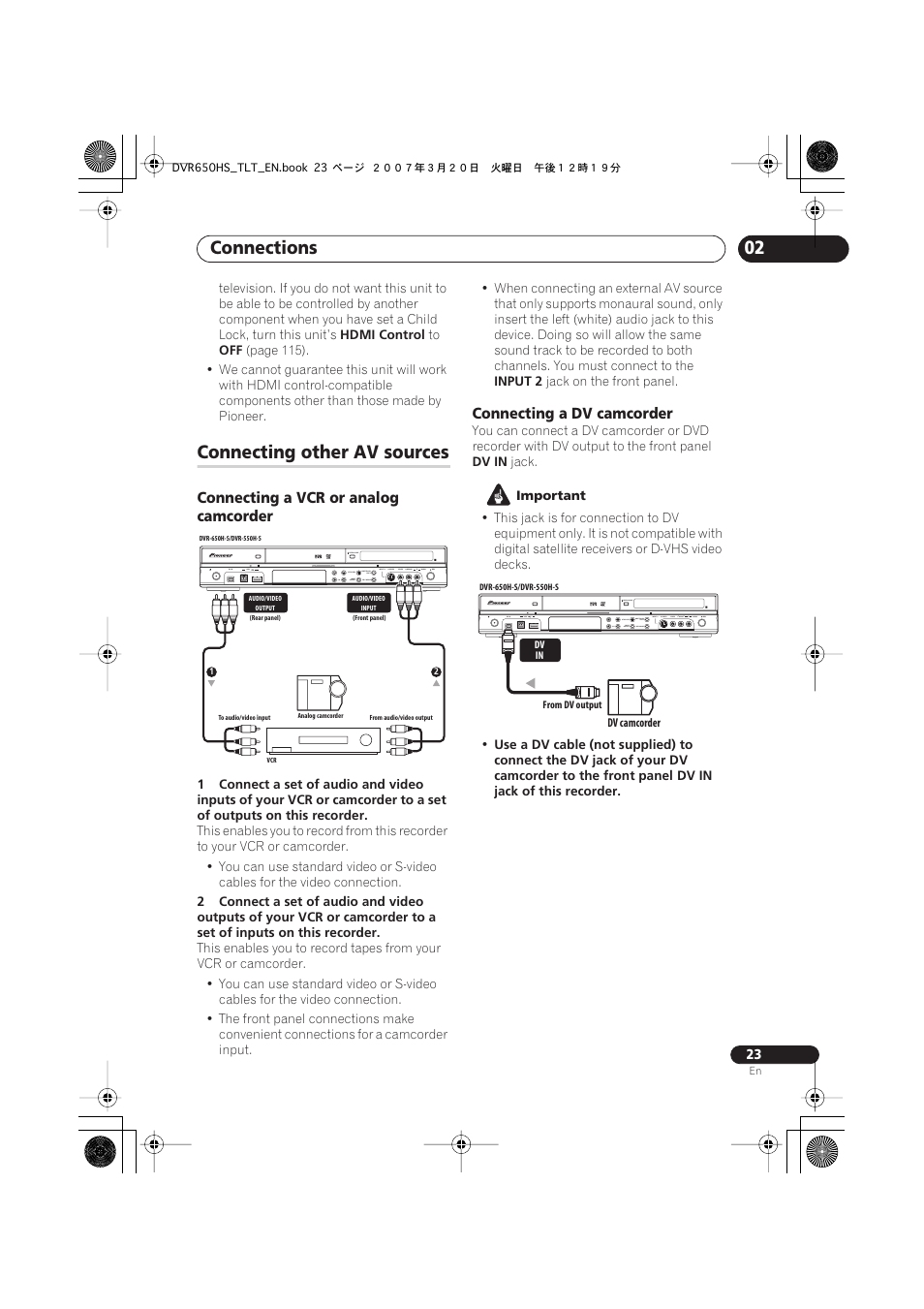 Connecting other av sources, Connections | Pioneer DVR-450H-S User Manual | Page 23 / 137