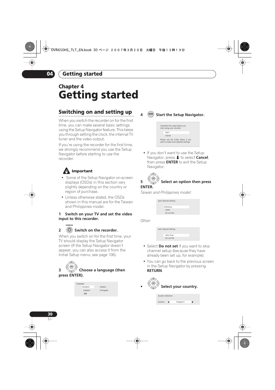 04 getting started, Switching on and setting up, Getting started | Getting started 04, Chapter 4 | Pioneer DVR-450H-S User Manual | Page 30 / 137