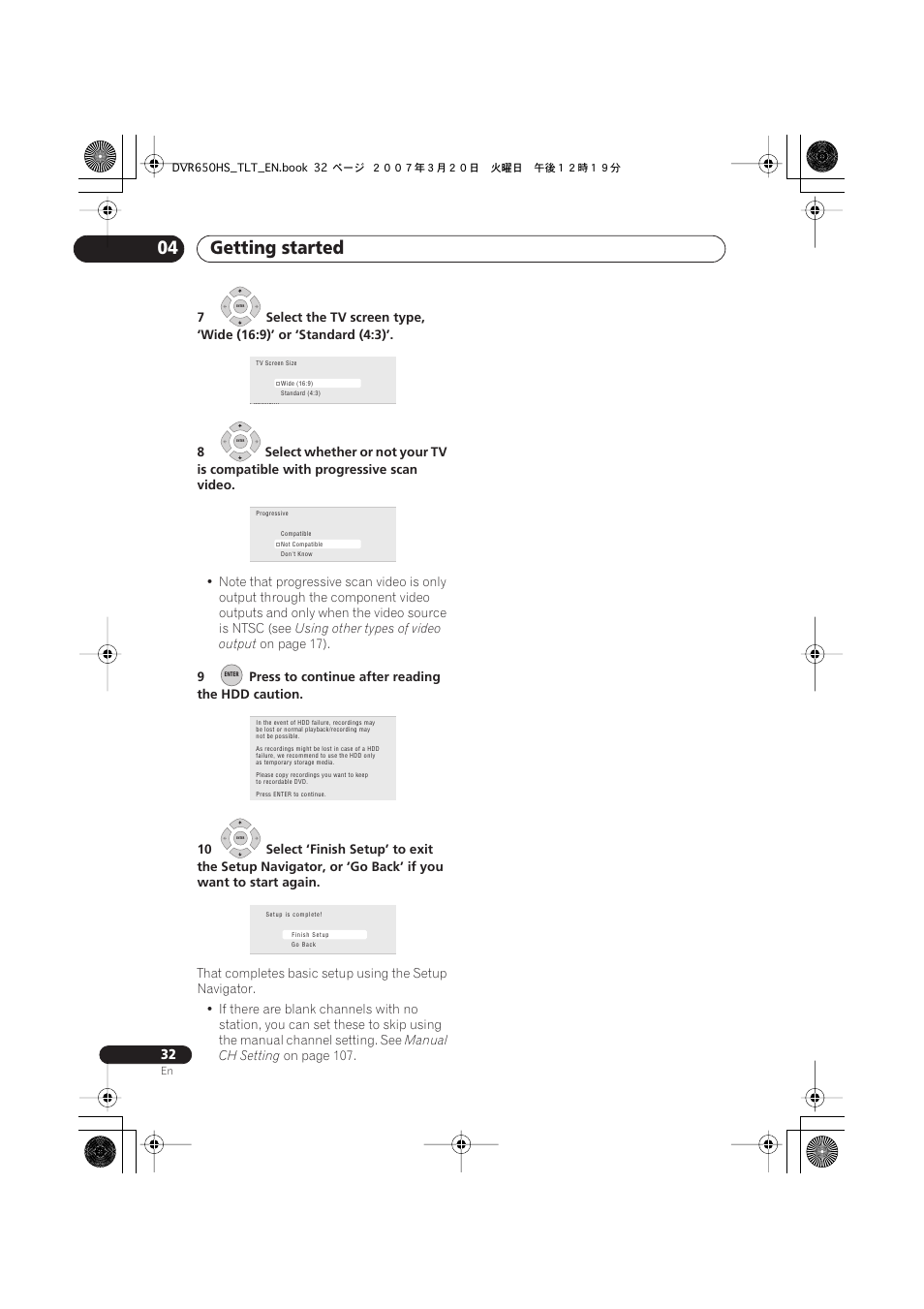 Getting started 04, Using other types of video output, On page 17) | Manual ch setting, On page 107 | Pioneer DVR-450H-S User Manual | Page 32 / 137