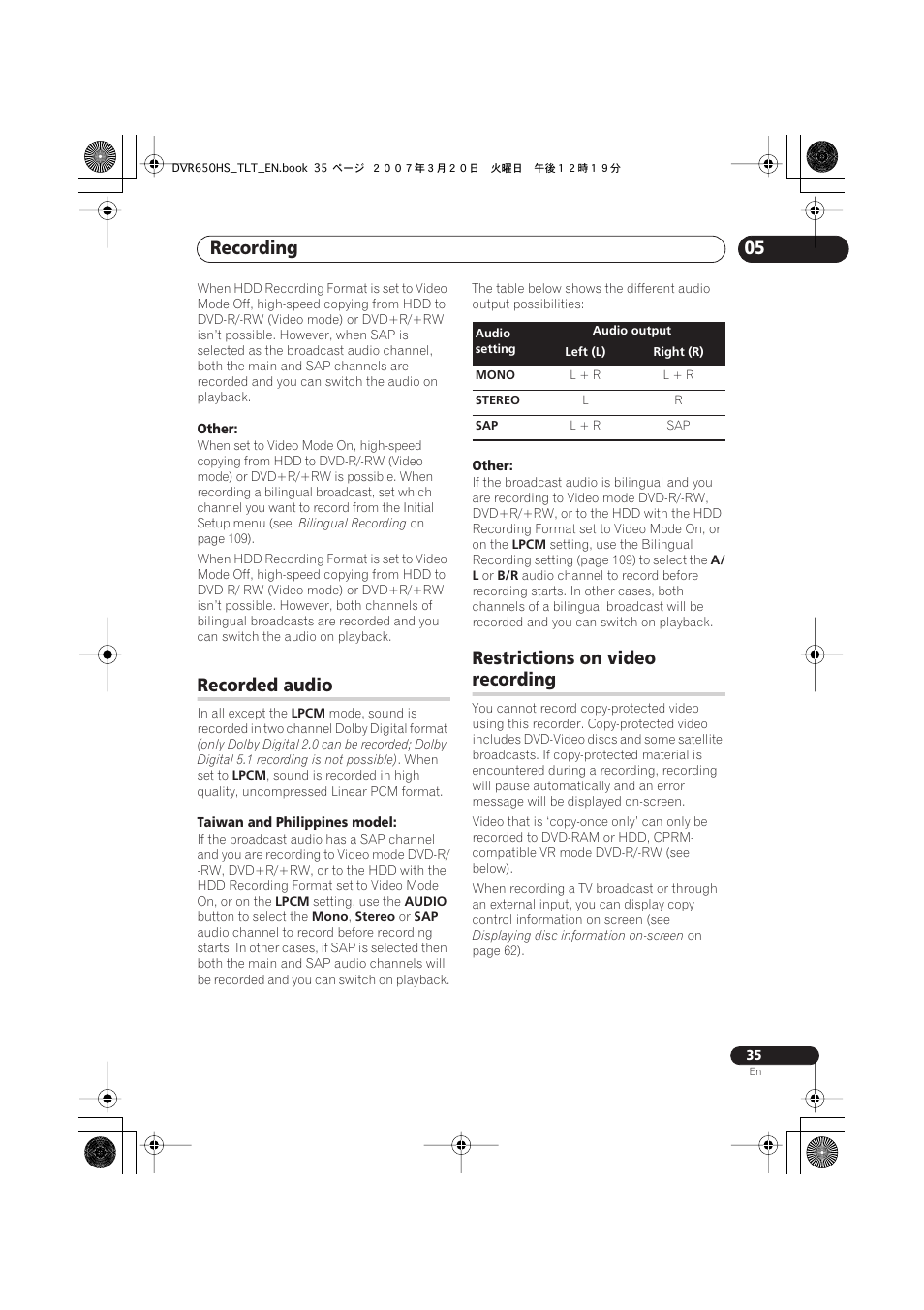 Recorded audio, Restrictions on video recording, Recording | Restrictions on video | Pioneer DVR-450H-S User Manual | Page 35 / 137