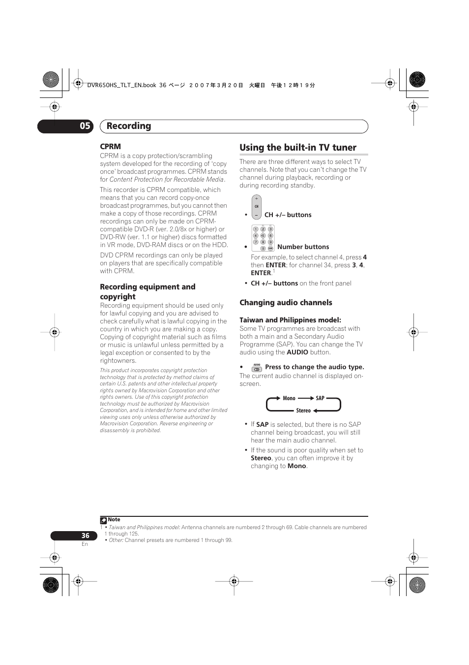 Using the built-in tv tuner, Recording 05, Cprm | Recording equipment and copyright, Changing audio channels | Pioneer DVR-450H-S User Manual | Page 36 / 137