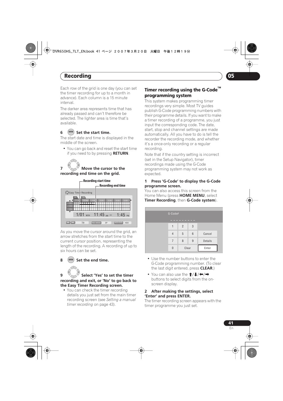 Recording, Timer recording using the g-code, Programming system | Pioneer DVR-450H-S User Manual | Page 41 / 137