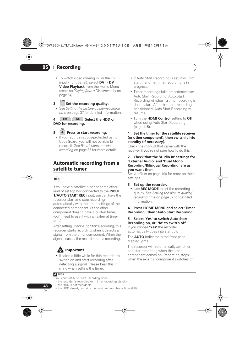 Automatic recording from a satellite tuner, Recording 05, Automatic recording from a | Satellite tuner | Pioneer DVR-450H-S User Manual | Page 48 / 137