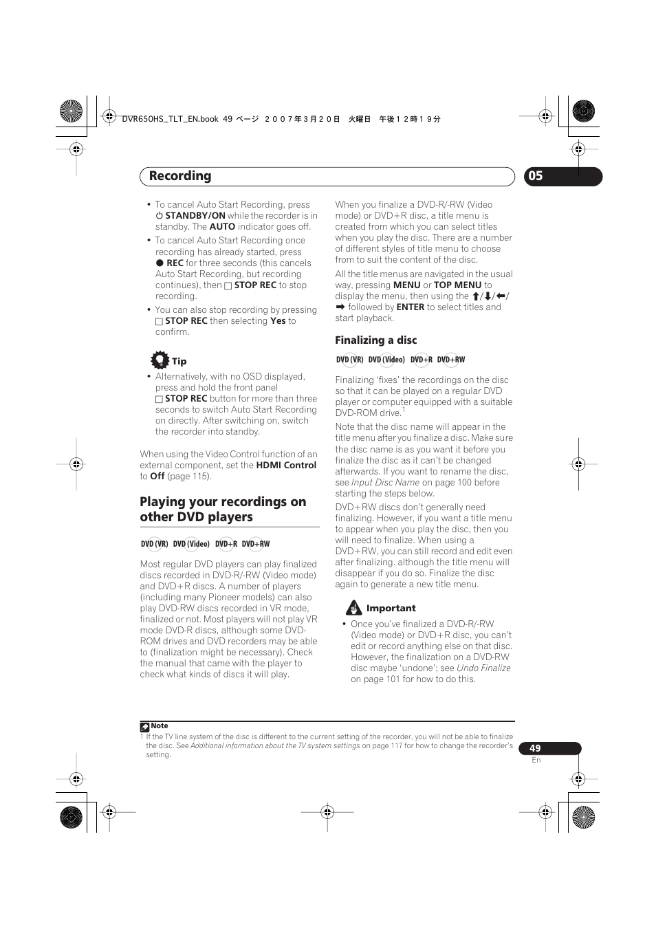 Playing your recordings on other dvd players, Recording, Playing your recordings on | Other dvd players | Pioneer DVR-450H-S User Manual | Page 49 / 137
