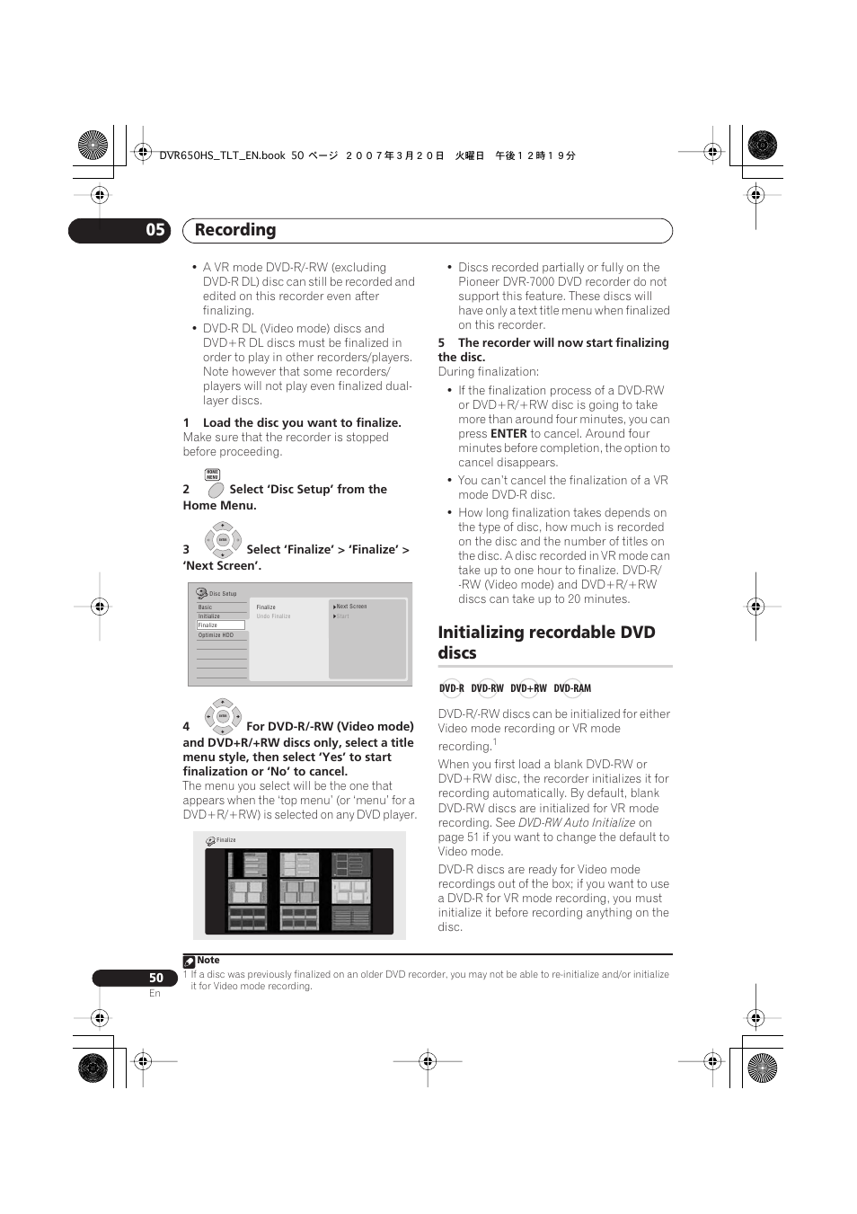 Initializing recordable dvd discs, Recording 05, Initializing recordable dvd | Discs | Pioneer DVR-450H-S User Manual | Page 50 / 137