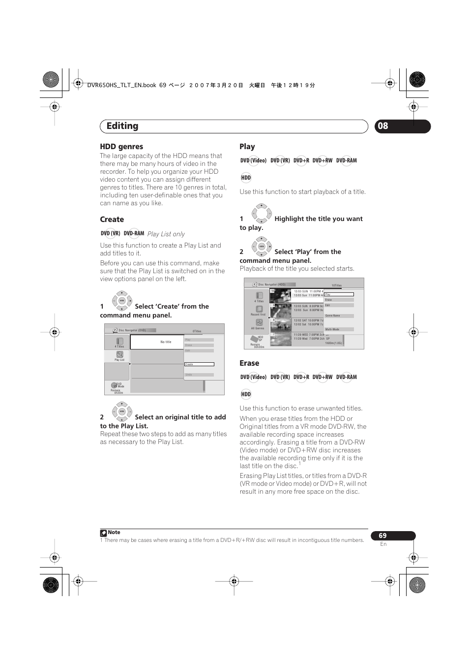 Editing, Hdd genres, Create | Play, Erase | Pioneer DVR-450H-S User Manual | Page 69 / 137
