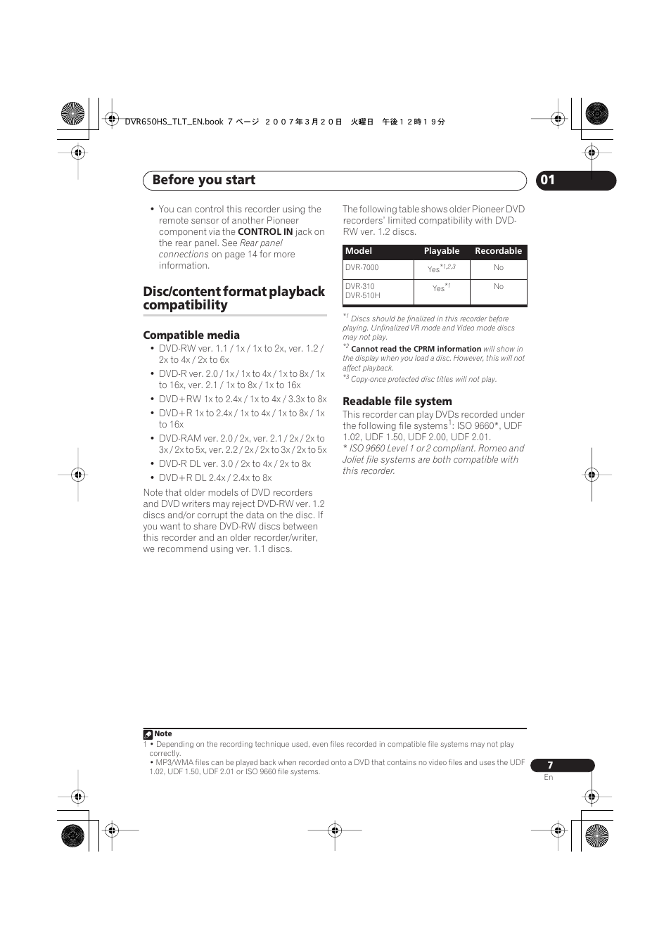 Disc/content format playback compatibility, Before you start, Disc/content format playback | Compatibility, Compatible media, Readable file system | Pioneer DVR-450H-S User Manual | Page 7 / 137