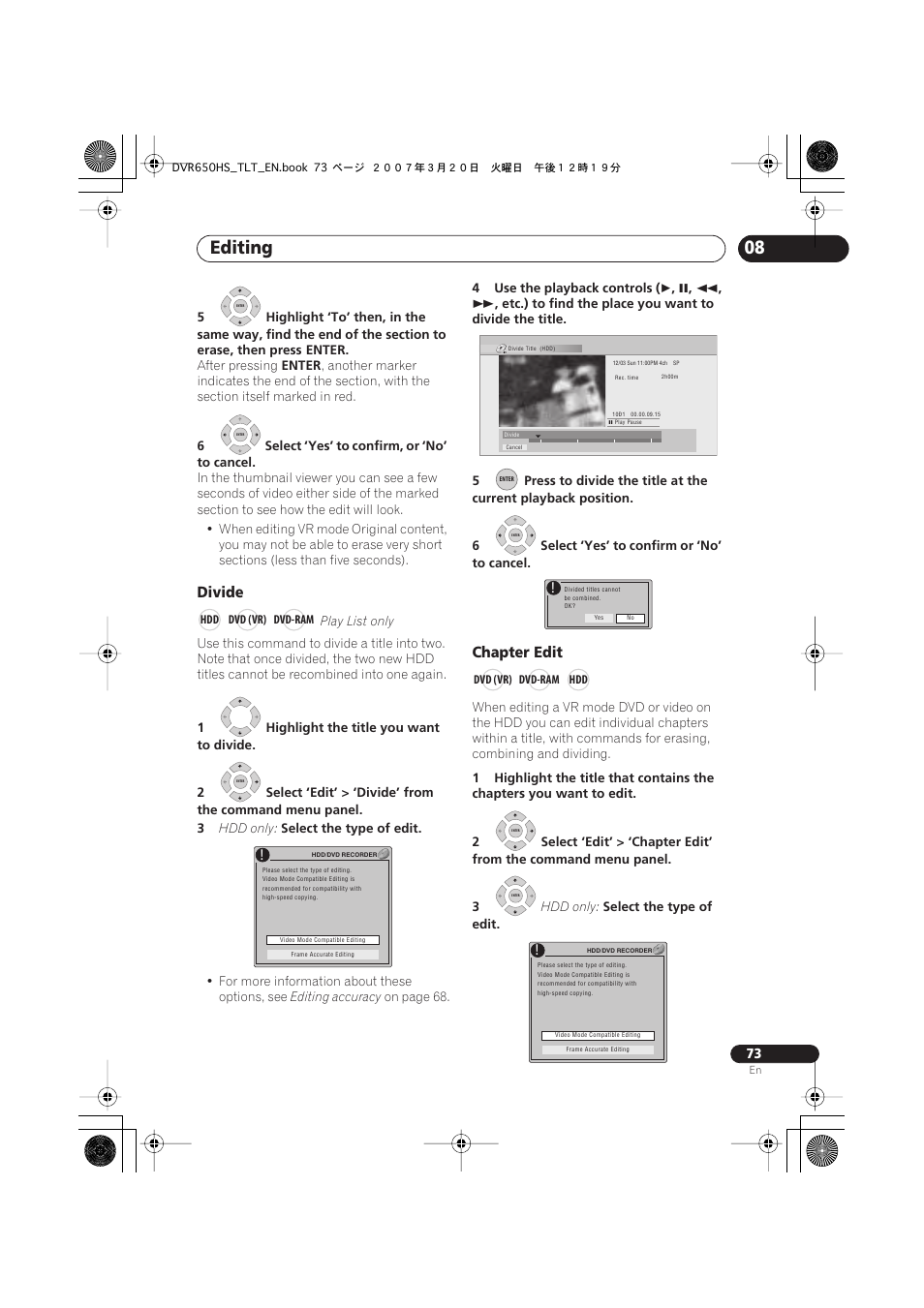 Editing, Divide, Chapter edit | Pioneer DVR-450H-S User Manual | Page 73 / 137