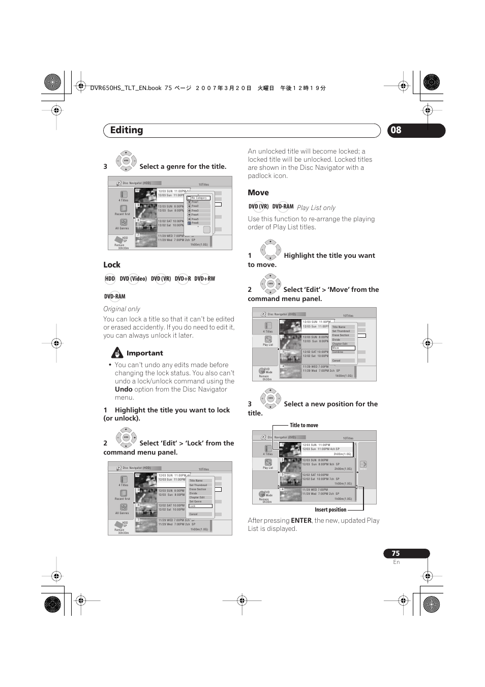 Editing, Lock, Move | 3select a genre for the title, Original only, Important, Undo, Option from the disc navigator menu, Play list only, After pressing | Pioneer DVR-450H-S User Manual | Page 75 / 137