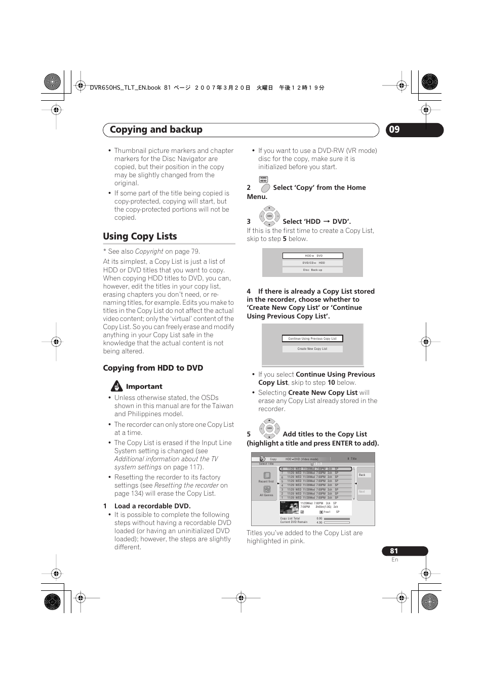 Using copy lists, Copying and backup, Copying from hdd to dvd | Pioneer DVR-450H-S User Manual | Page 81 / 137