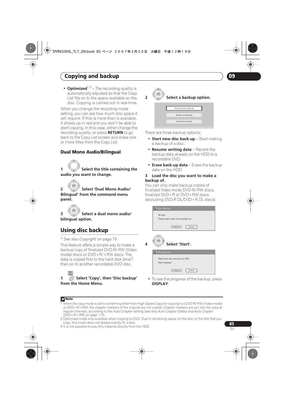 Using disc backup, Copying and backup, Dual mono audio/bilingual | Pioneer DVR-450H-S User Manual | Page 85 / 137