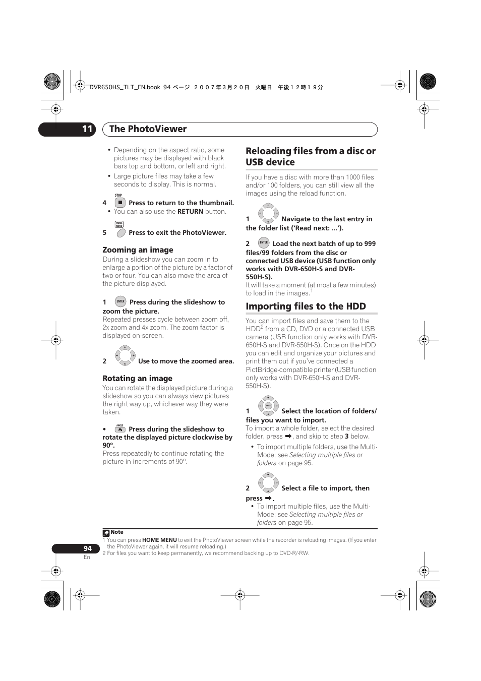 Reloading files from a disc or usb device, Importing files to the hdd, The photoviewer 11 | Reloading files from a disc or, Usb device | Pioneer DVR-450H-S User Manual | Page 94 / 137