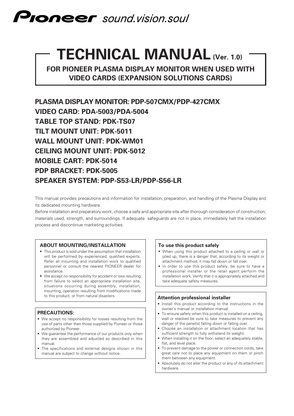 Pioneer PDP 427CMX User Manual | 288 pages