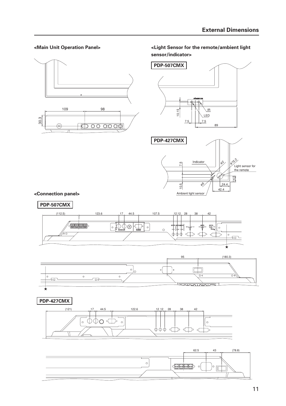 External dimensions, Connection panel, Pdp-507cmx | Pdp-427cmx | Pioneer PDP 427CMX User Manual | Page 11 / 288