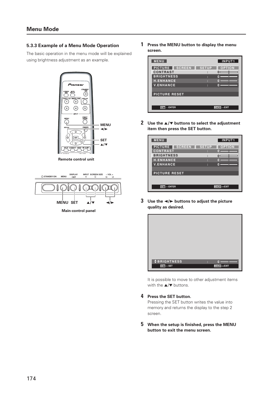 174 menu mode, 3 example of a menu mode operation | Pioneer PDP 427CMX User Manual | Page 174 / 288