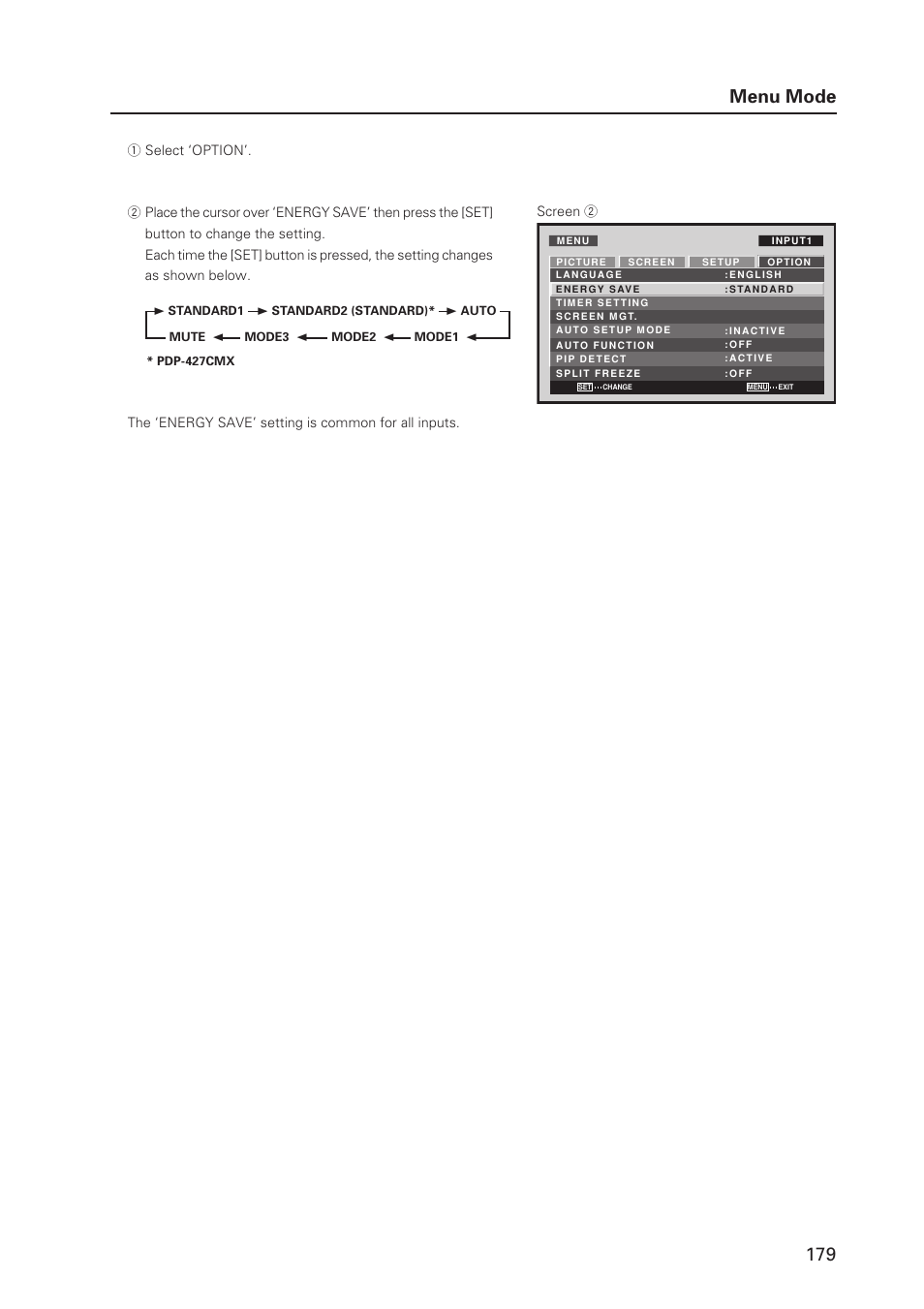 179 menu mode | Pioneer PDP 427CMX User Manual | Page 179 / 288