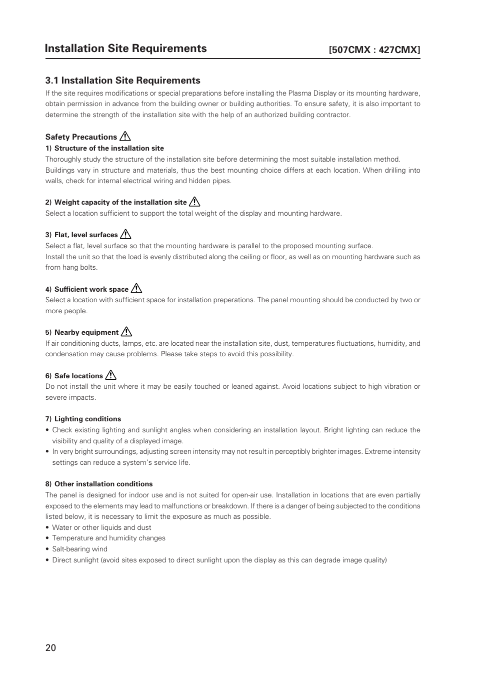 Installation site requirements, 20 3.1 installation site requirements | Pioneer PDP 427CMX User Manual | Page 20 / 288