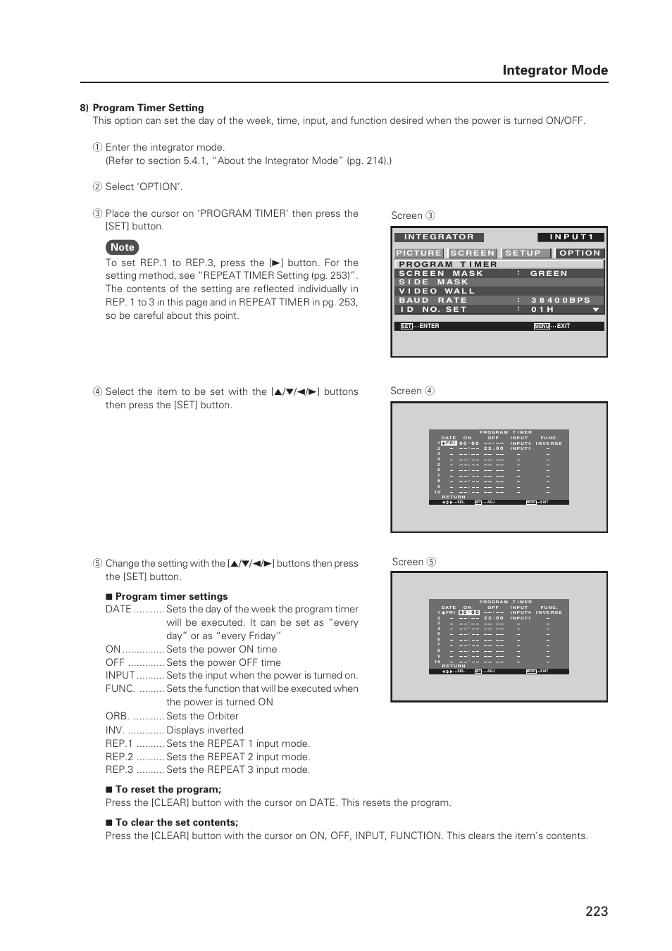 223 integrator mode, Screen 4 screen 5 | Pioneer PDP 427CMX User Manual | Page 223 / 288