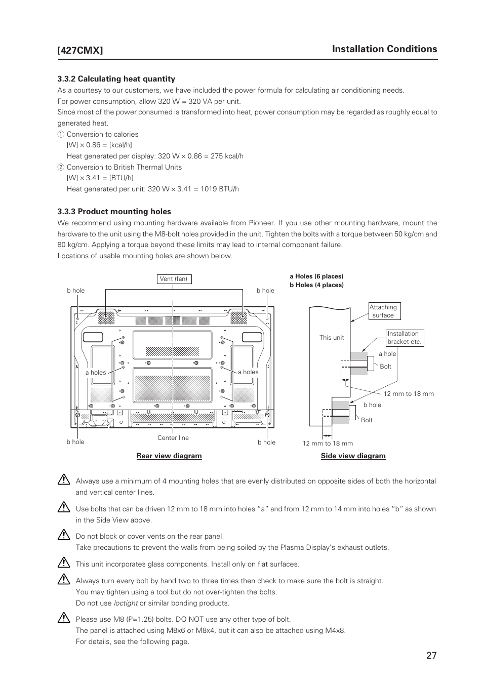 Installation conditions, 427cmx | Pioneer PDP 427CMX User Manual | Page 27 / 288