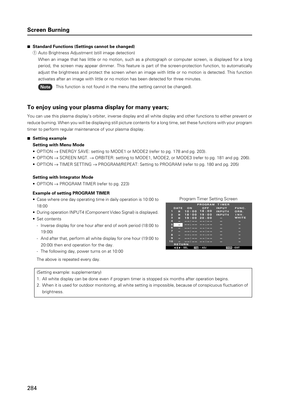 284 screen burning, Program timer setting screen | Pioneer PDP 427CMX User Manual | Page 284 / 288