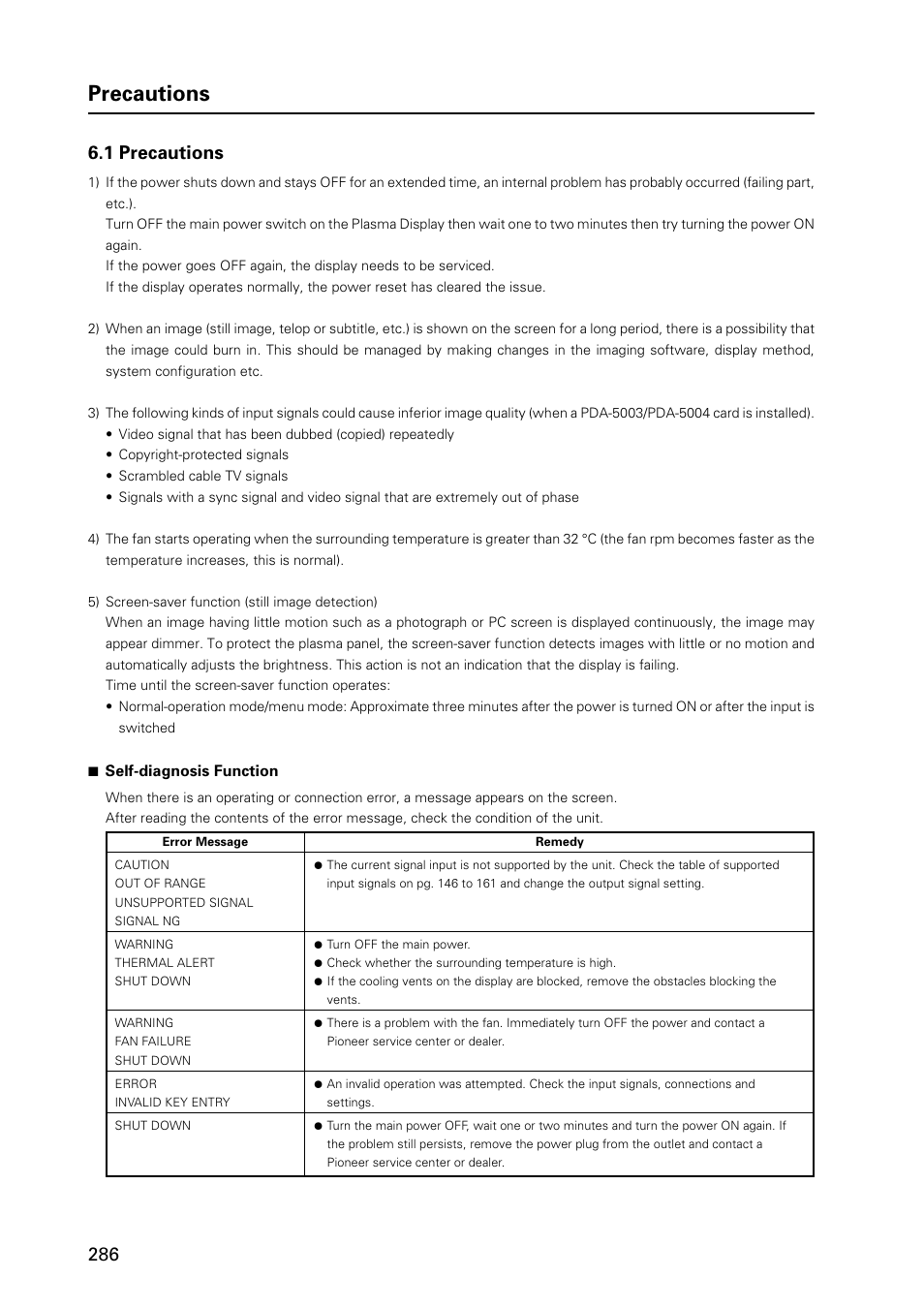 Precautions, 1 precautions | Pioneer PDP 427CMX User Manual | Page 286 / 288