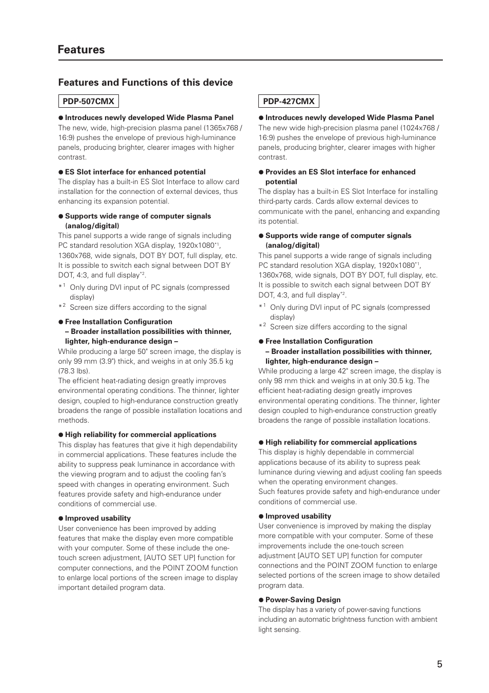 Features, Features and functions of this device | Pioneer PDP 427CMX User Manual | Page 5 / 288
