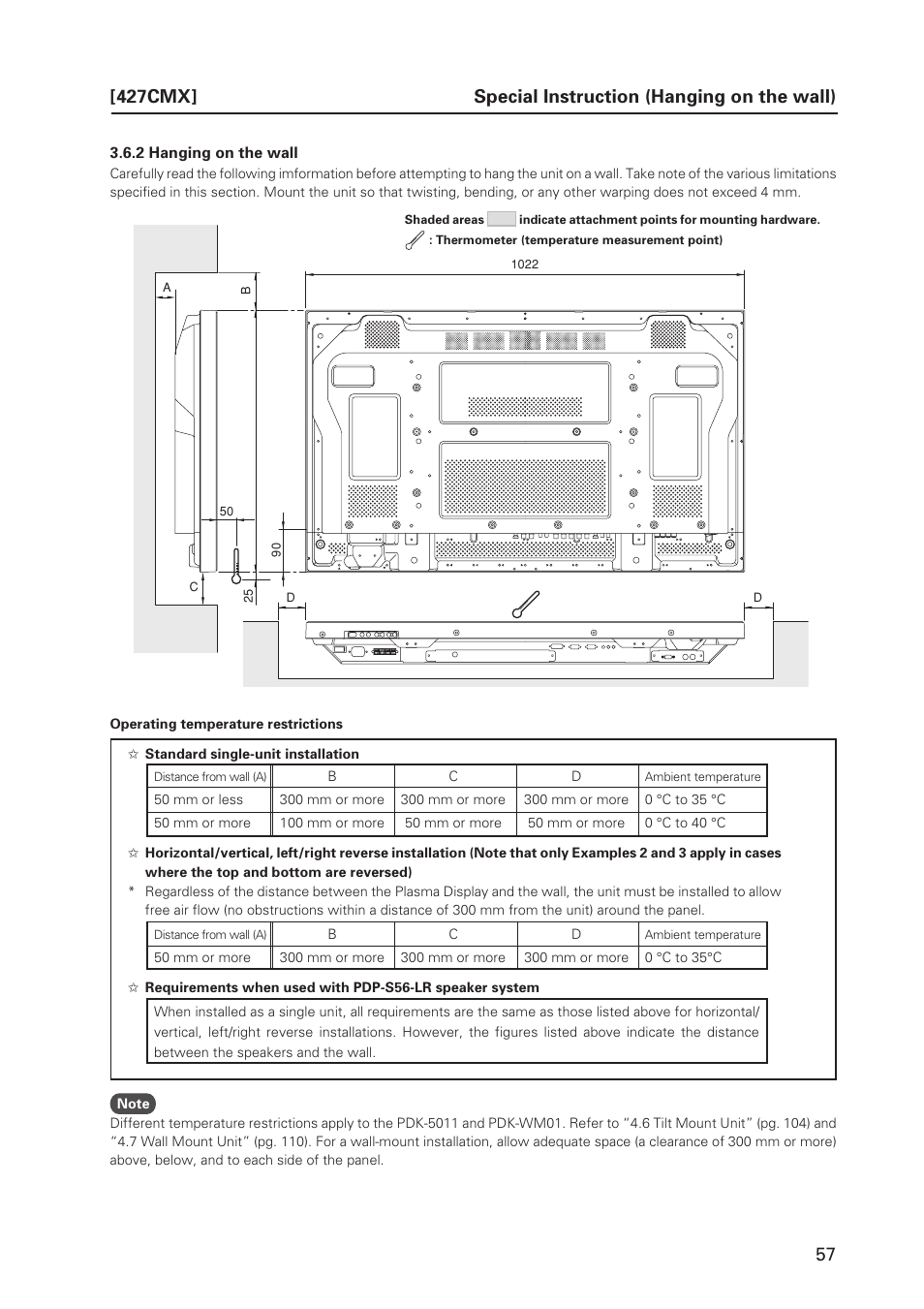 Special instruction (hanging on the wall) | Pioneer PDP 427CMX User Manual | Page 57 / 288