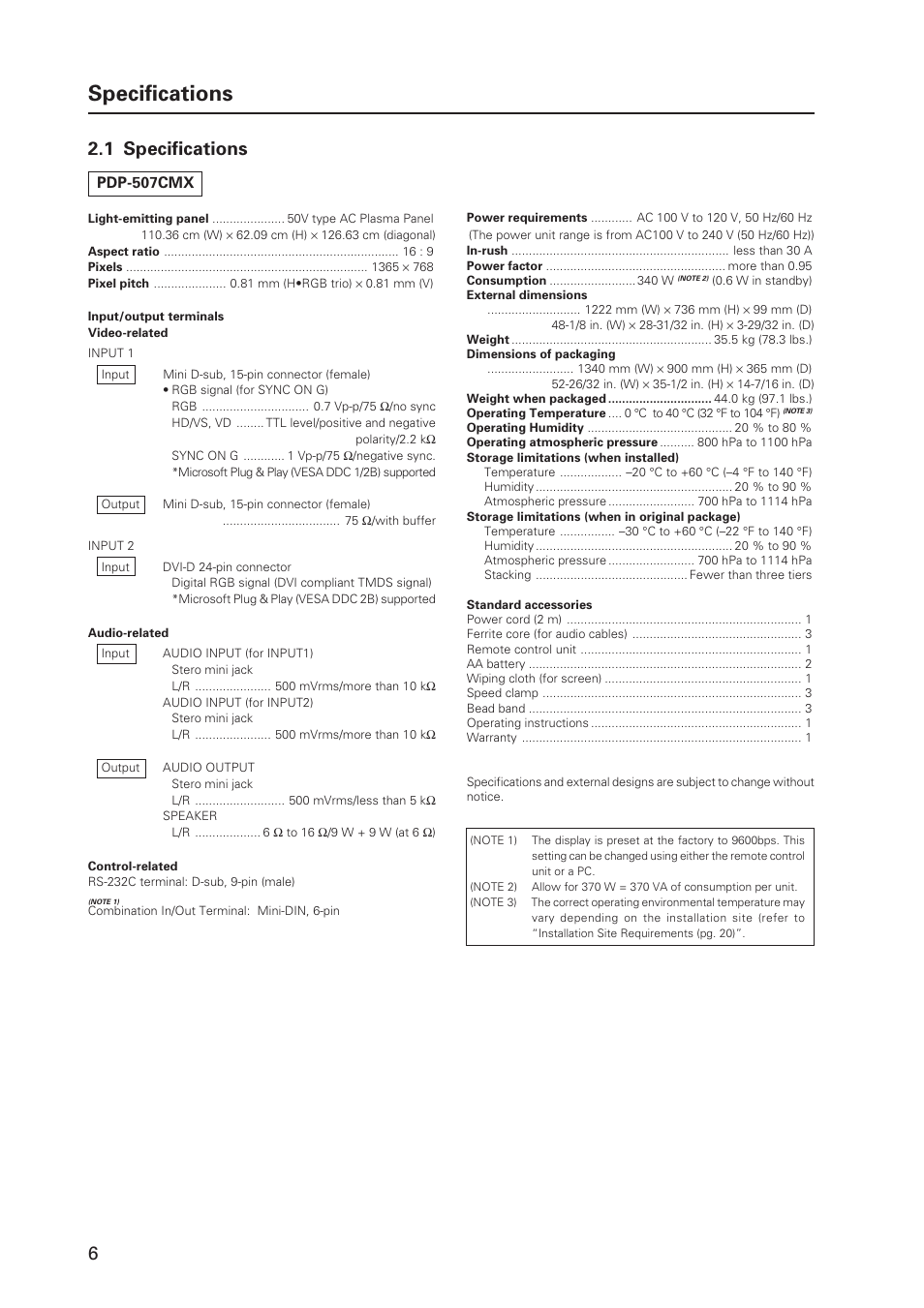 Specifications, 1 specifications, Pdp-507cmx | Pioneer PDP 427CMX User Manual | Page 6 / 288