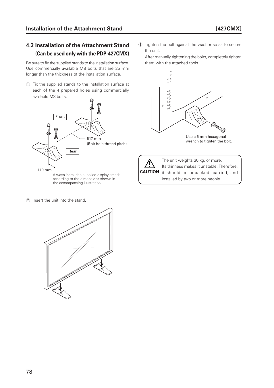 Installation of the attachment stand, 427cmx | Pioneer PDP 427CMX User Manual | Page 78 / 288