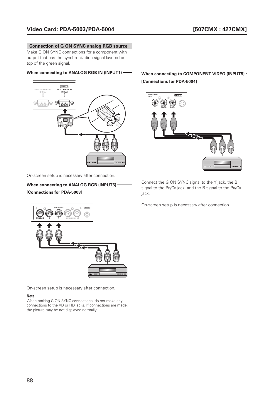 Connection of g on sync analog rgb source, On-screen setup is necessary after connection, Jack, and the r signal to the p | Pioneer PDP 427CMX User Manual | Page 88 / 288