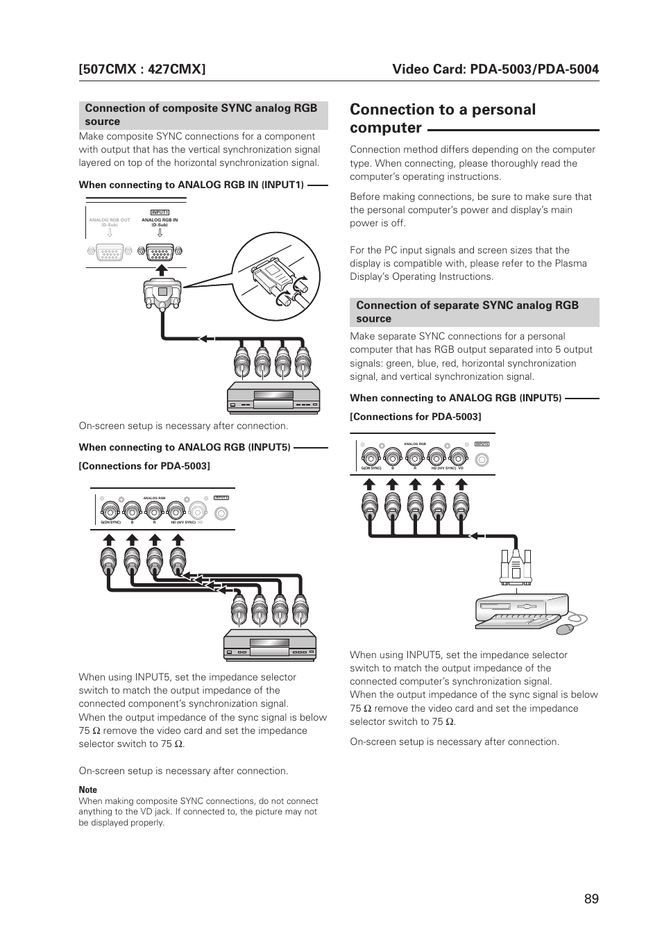 Connection to a personal computer, Connection of separate sync analog rgb source, Connection of composite sync analog rgb source | Pioneer PDP 427CMX User Manual | Page 89 / 288