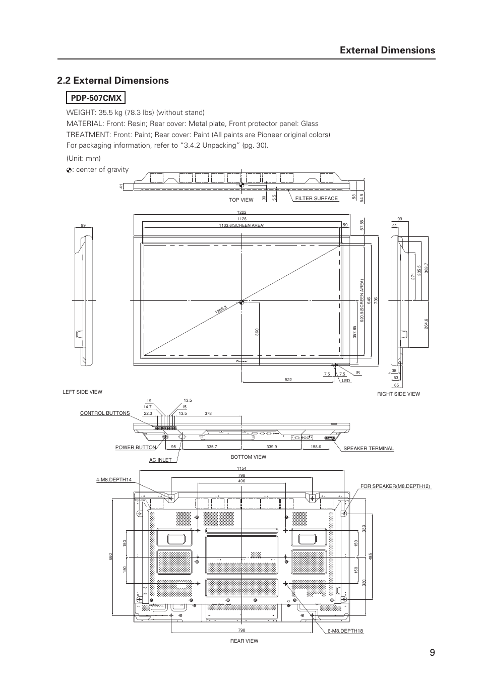 2 external dimensions, External dimensions, Pdp-507cmx | Pioneer PDP 427CMX User Manual | Page 9 / 288
