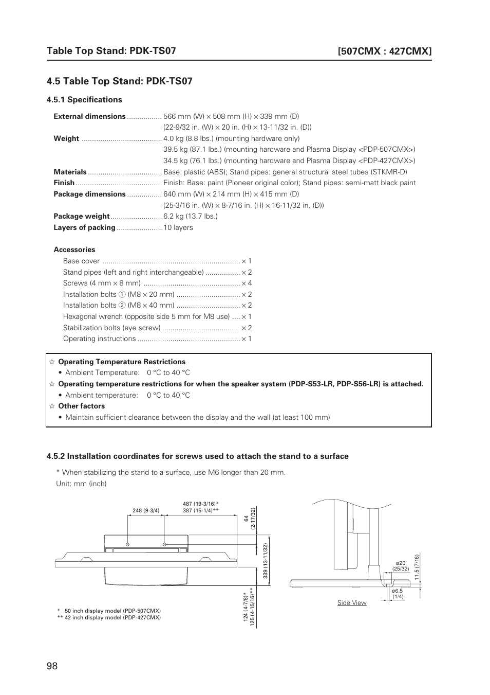 5 table top stand: pdk-ts07, Table top stand: pdk-ts07 | Pioneer PDP 427CMX User Manual | Page 98 / 288