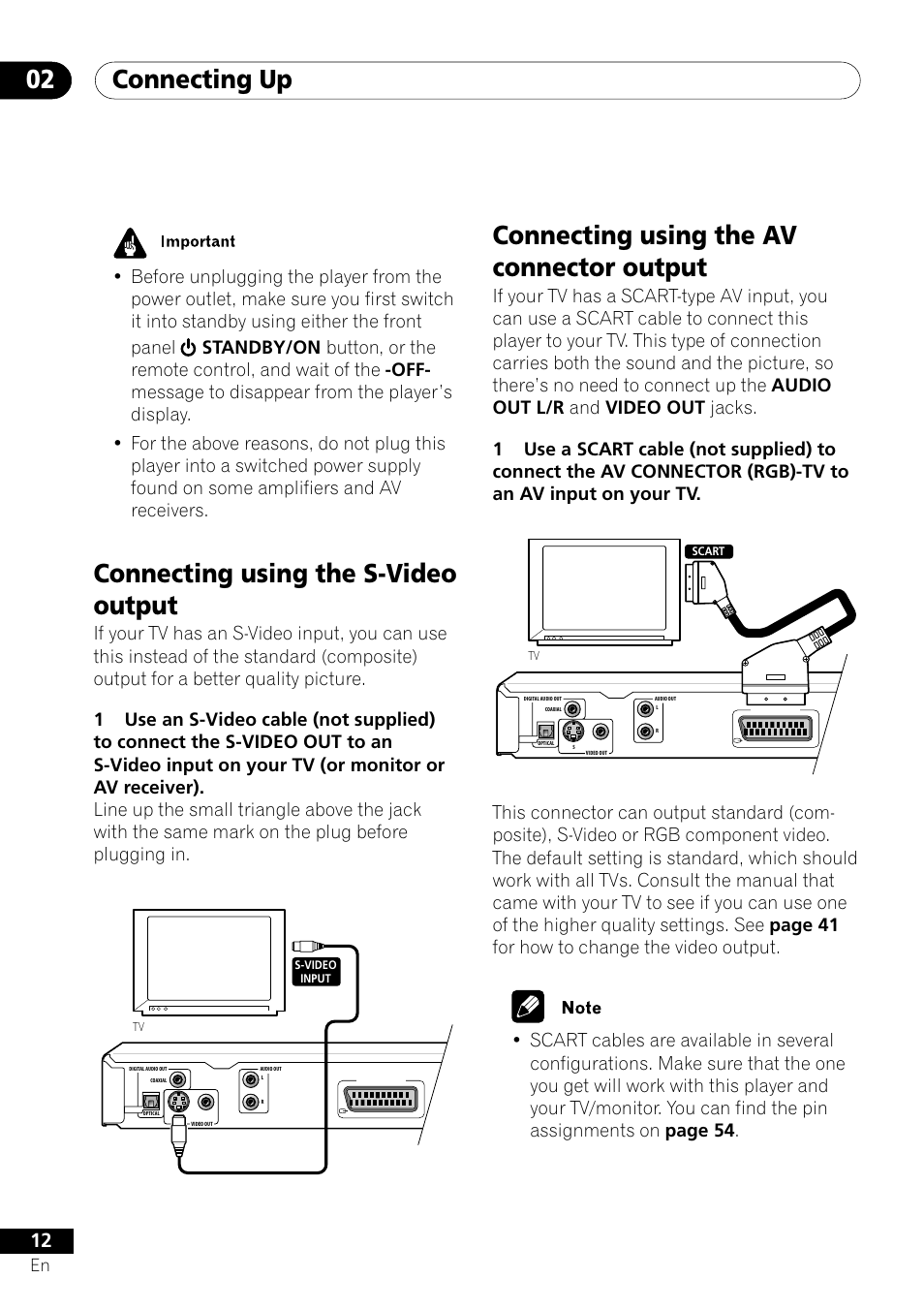 Connecting up 02, Connecting using the s-video output, Connecting using the av connector output | Pioneer DV-350  EN User Manual | Page 12 / 56