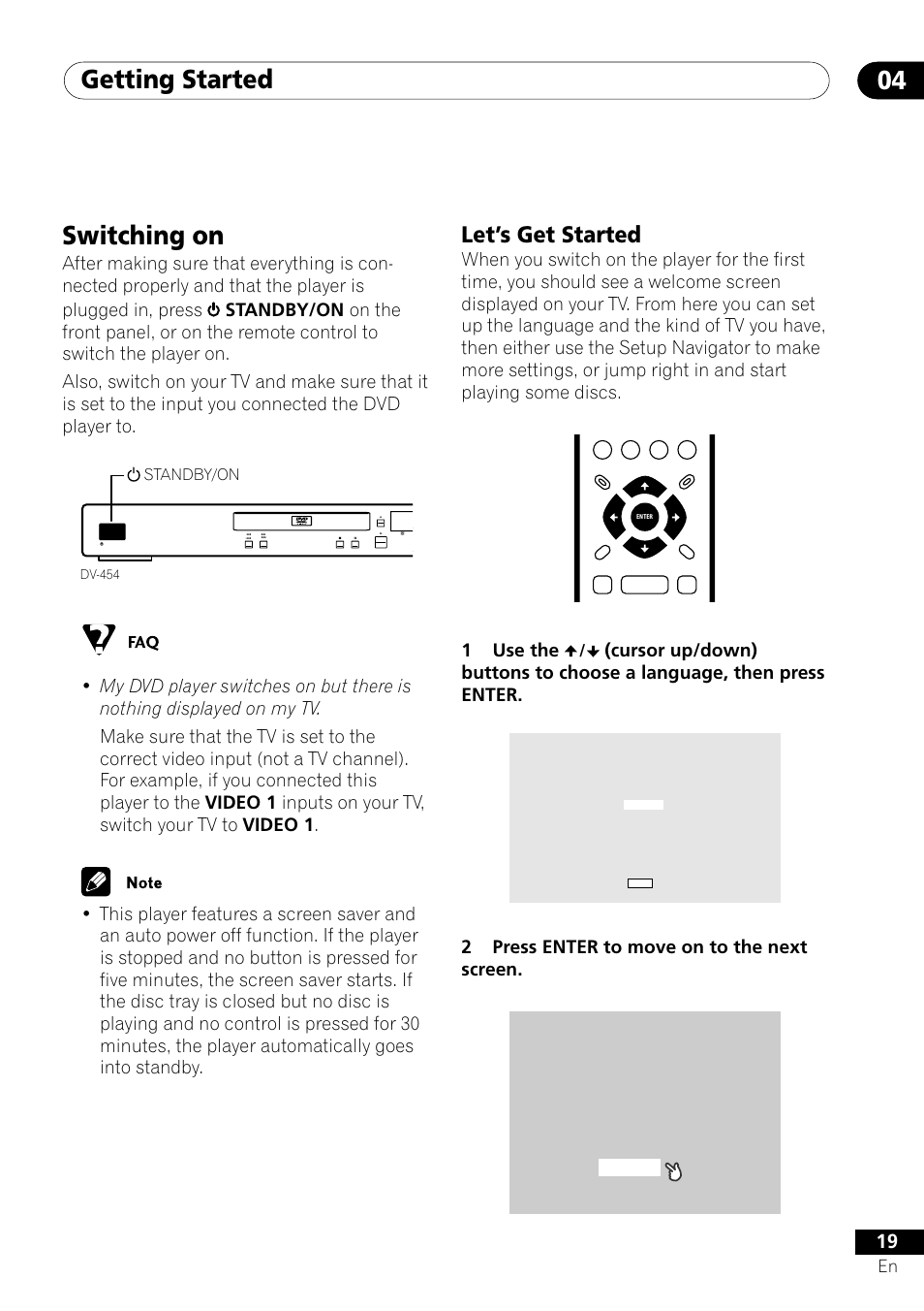 Switching on, Let’s get started, Getting started 04 | 1use the, 2press enter to move on to the next screen | Pioneer DV-350  EN User Manual | Page 19 / 56