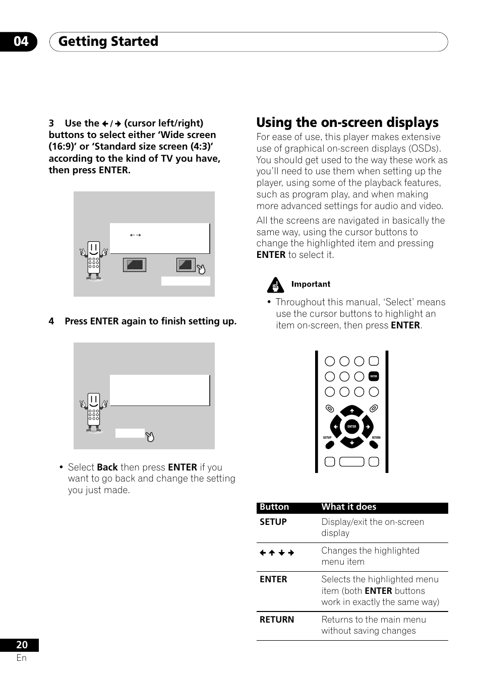 Using the on-screen displays, Getting started 04, 3use the | 4press enter again to finish setting up | Pioneer DV-350  EN User Manual | Page 20 / 56