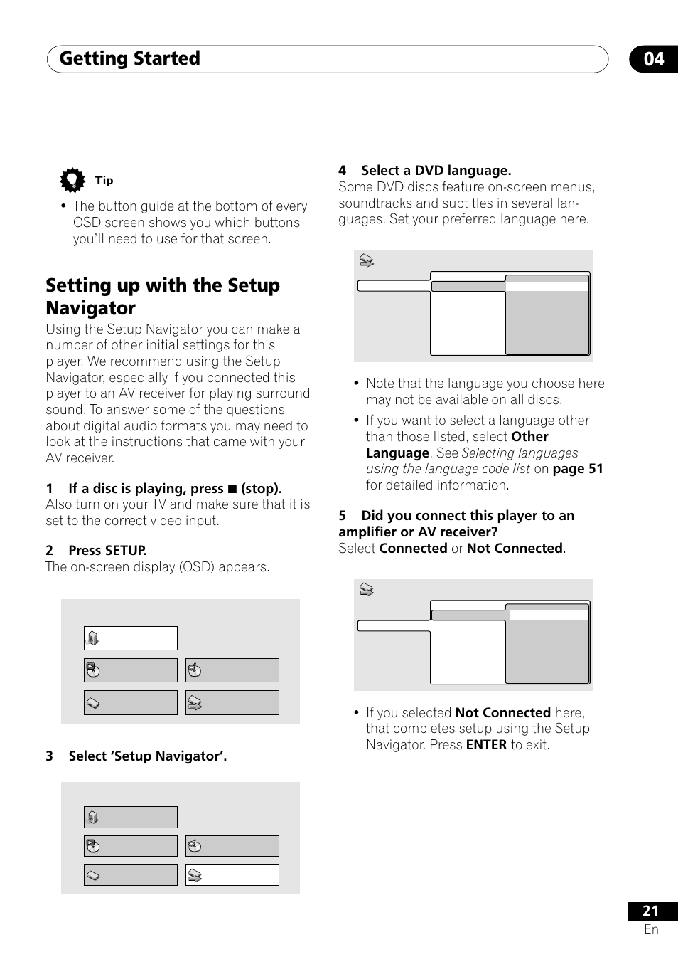 Setting up with the setup navigator, Getting started 04, 3select ‘setup navigator | Pioneer DV-350  EN User Manual | Page 21 / 56