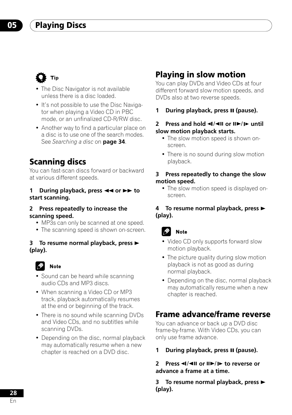 Playing discs 05, Playing in slow motion, Frame advance/frame reverse | Scanning discs | Pioneer DV-350  EN User Manual | Page 28 / 56